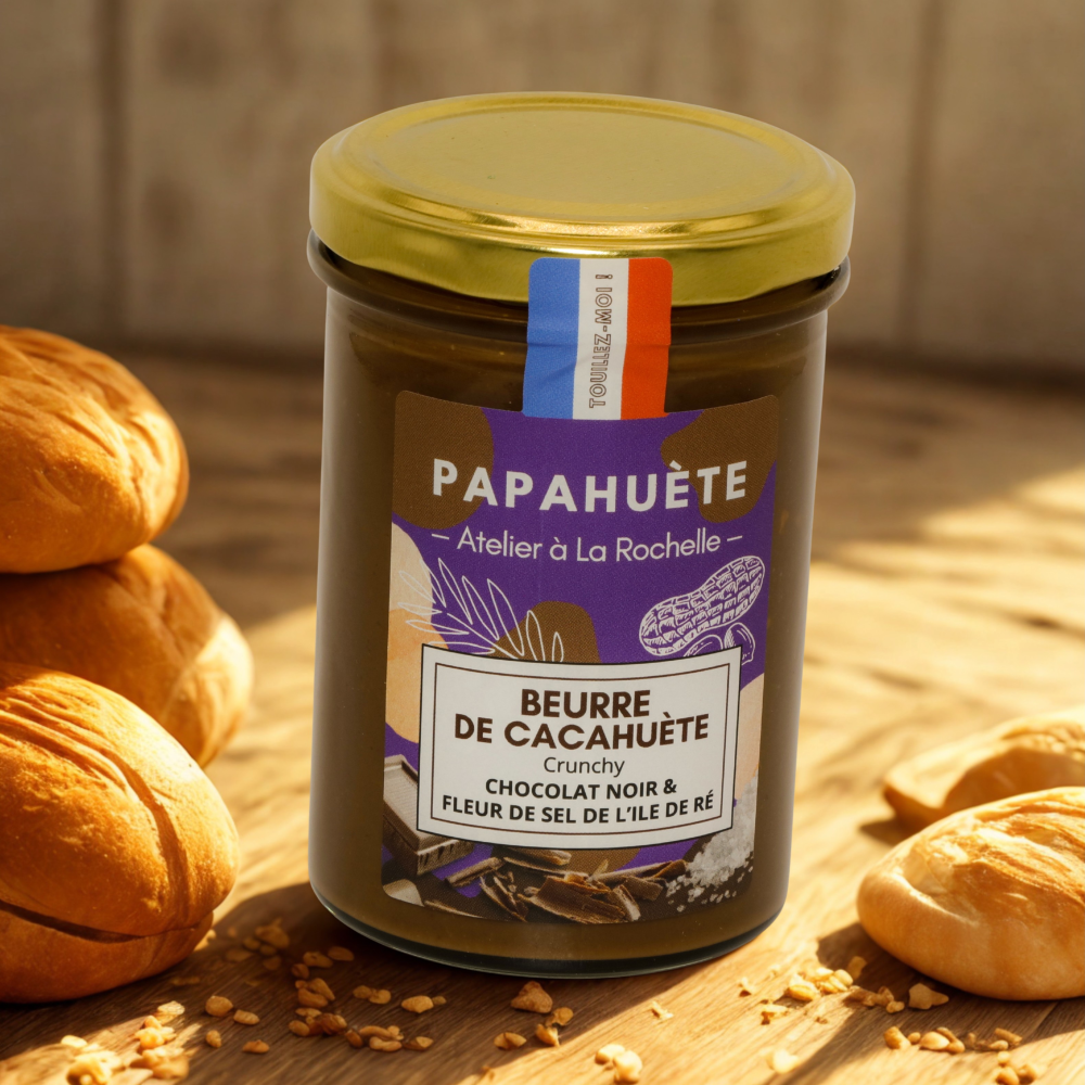 BEURRE DE CACAHUETE CRUNCHY CHOCOLAT NOIR ET FLEUR DE SEL - PAPAHUETE